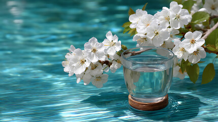 Refreshing Glass of Water Surrounded by White Blossoms on Serene Blue Surface