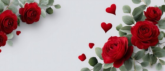 Romantic Red Roses with Green Leaves and Heart Shapes on Light Background