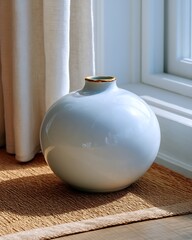 Elegant Round Ceramic Vase with Glossy Finish and Gilded Rim by a Sunlit Window