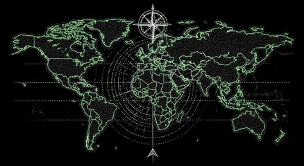 Digital World Map with Compass Rose and Navigation Grid