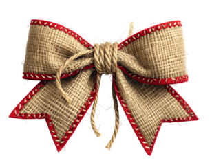 Rustic burlap bow with red trim, tied with twine, isolated on black background