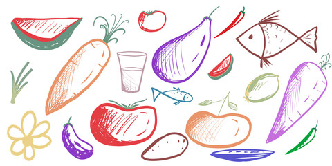 Hand drawn food doodles featuring fruits, vegetables and fish in colorful sketch style. Creative healthy food illustration perfect for menu design, packaging, recipe blogs, organic market, and kitchen