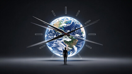 Person standing in front of a clock and Earth symbolizing Earth Hour  