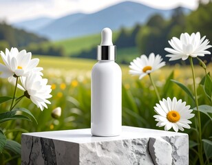 White skincare bottle on a stone pedestal with daisies and a scenic view