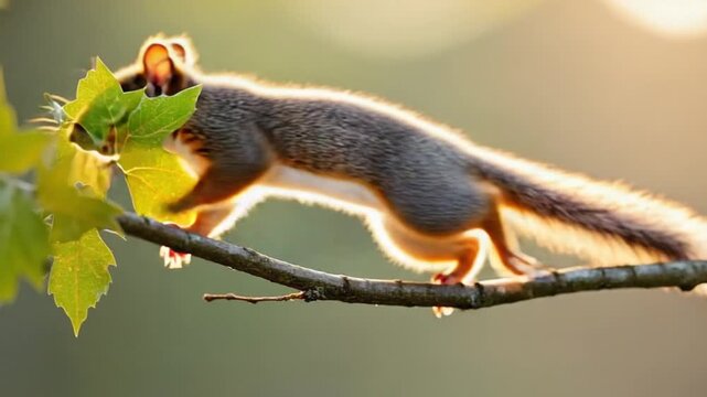 Adorable squirrel perched on branch with yellow leaves in forest