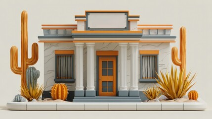 Stylized Southwest Building with Cacti and Desert Plants, 3D Render