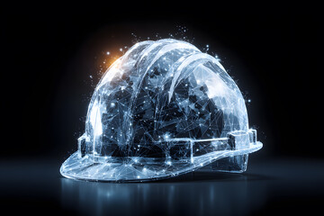 Digital construction helmet with glowing elements on black background showcasing modern design and technology in safety gear