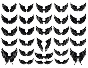 Thirty stylized wing illustrations in various orientations. Each design presents dark, feathered structures against a white background