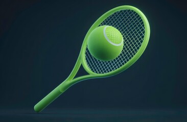 Vibrant Green Tennis Racket and Ball on Dark Background