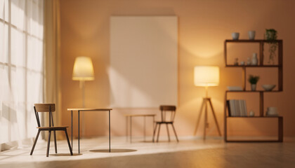 Fototapeta premium Minimalist interior room with warm lighting, featuring a modern chair, wooden table, floor lamp