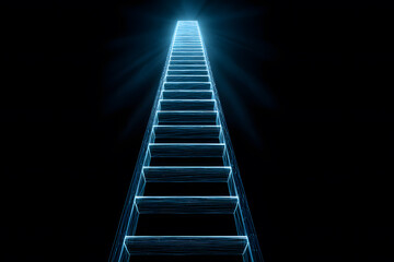 Light shines on a digital ladder against a dark background conveying a sense of ascent and exploration