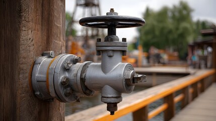 An industrial valve with a handwheel attached to a weathered wooden post overlooking a blurred outdoor waterfront scene