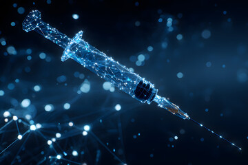 Digital representation of a syringe with a glowing design and connections in a dark space at night