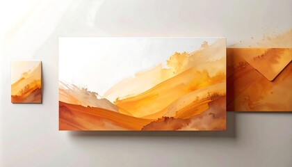 Three abstract watercolor renderings of sun-drenched landscapes and an envelope, suggesting depth and dimension