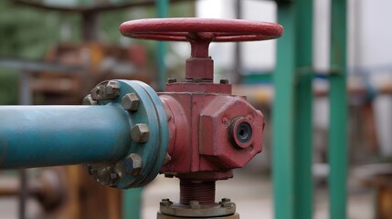 Industrial infrastructure close up A vibrant red handled valve with a large wheel controls fluid flow in a robust blue pipeline system at an outdoor