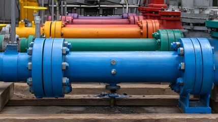 A row of brightly colored industrial pipes with flanges and bolts arranged in an outdoor facility