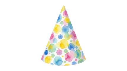 A colorful party hat with a watercolor design on transparent background