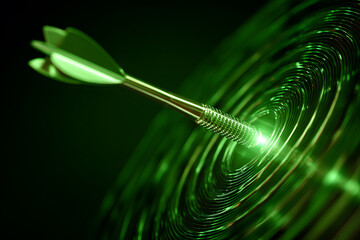Dart hitting the center of a target board with a glowing green backdrop at night