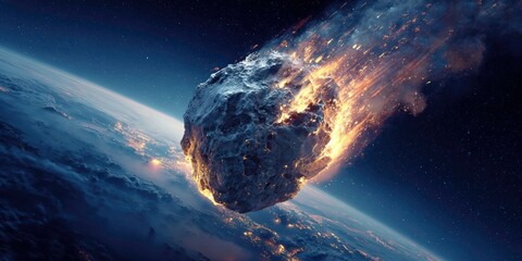 Meteorite impact over Earth, space, and a fiery explosion.