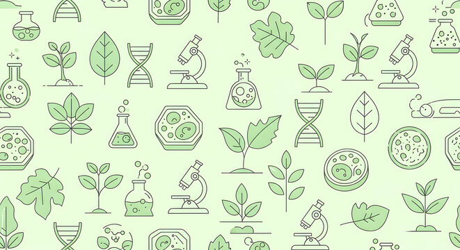 Seamless pattern of biology education icons including leaves, cells, microscope, DNA helix, and plant sprouts, clean line art style, soft green pastel palette, back to school theme. - Powered by Adobe