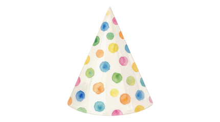 A colorful party hat with multicolored polka dots on transparent background