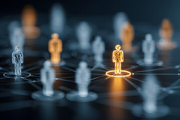 Network connections show people linked together with one highlighted figure in orange