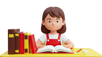 3D cartoon girl reading at desk with books