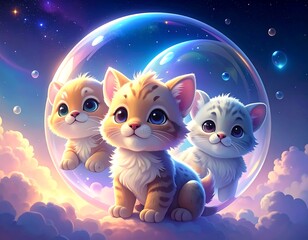 Three adorable kittens sit among fluffy clouds, inside a large bubble against a night sky filled with stars and glowing light