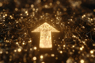 Golden arrow symbol made of light on a dark background shows direction in digital design