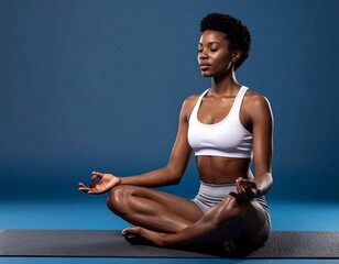 Woman in white top, gray shorts, meditates on mat against blue background