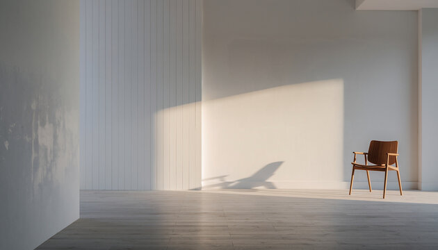 Minimalist empty room interior design with a single wooden chair, soft natural light creating shadows on the white wall and light wood floor. Clean, modern, and spacious living space.