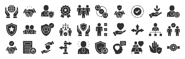 Trust Management glyph style icon set collection. friend, trusted, truth, Featuring responsibility, reliable, unity, trust, consistency, loyalty, belief and more. Illustration eps 10