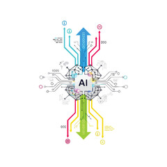 Infographic illustration of concept with colorful arrows and circuits on a white background.