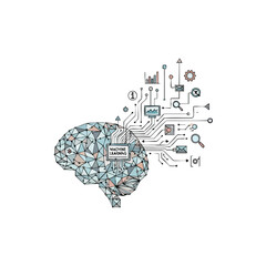 Illustration of a brain with circuit board and icons emerging from it on a white background with a technological mood.