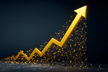 Growth chart shows upward trend in business data with golden arrow and network structure in dark background