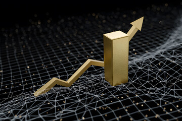 Rising gold bar on a dark grid background shows growth in finance and investment during an economic analysis in 2023