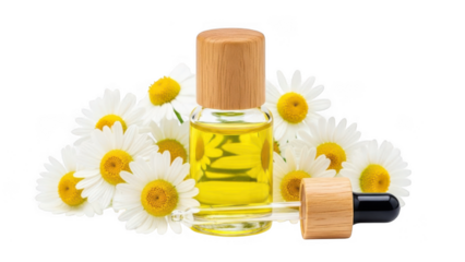 Chamomile essential oil bottle isolated on transparent background