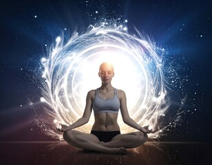 Woman in yoga pose with glowing celestial aura behind her