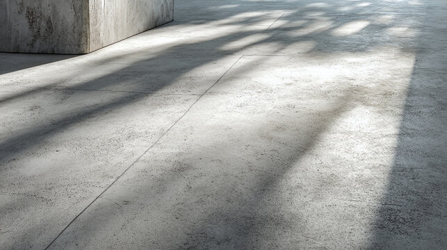 A concrete floor with long shadows cast across its surface, creating a stark contrast between light and dark