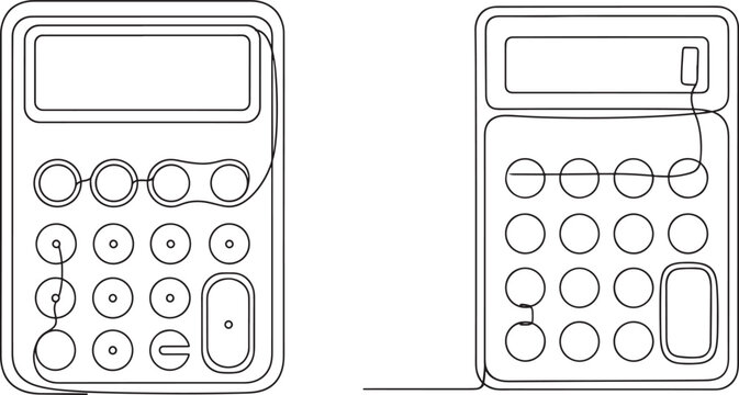 Continuous one line drawing of two calculator devices with buttons and displays