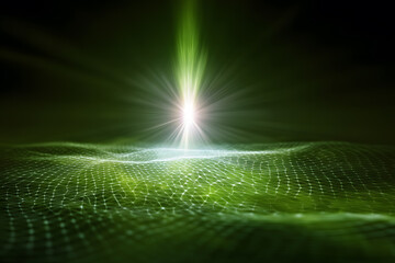 Light beam shines from the center of a green landscape with waves during an abstract scene at night