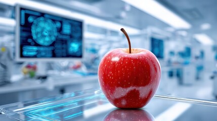 A shiny red apple sits on a transparent surface in a modern lab, with digital screens displaying scientific data in the background.