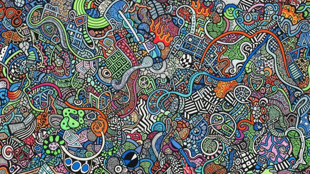 Intricate and colorful abstract doodle art with a dense array of interconnected shapes, lines, and patterns creating a vibrant, complex visual tapestry.