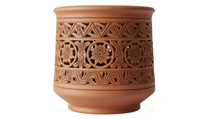 Ornate clay pot with floral patterns isolated on transparent background