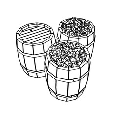 Outline for Coloring of Two Wooden Old Vintage filled by Gems and One Closed Barrel. Vector Illustration.