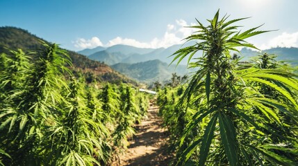 Obraz premium A lush cannabis field stretches towards distant mountains under a bright sky, showcasing thriving plants in a natural landscape.