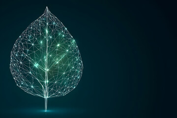 Digital representation of a leaf with a network of lights set against a dark background