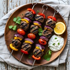 Grilled meat skewers with vegetables on a wooden plate outdoors