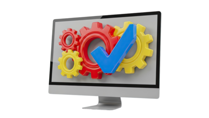 Computer Monitor Displaying Gears and a Checkmark