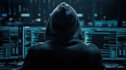 A hooded figure is seen working intently at multiple computer screens filled with code, set in a dark, high-tech environment.